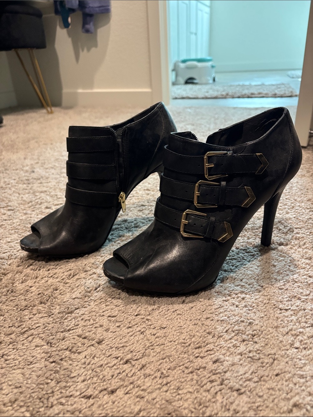 BCBG Black Women's Peep-Toe Buckle High Heel Booties